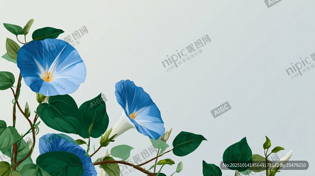 蓝色牵牛花绽放于绿叶间