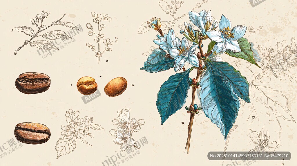 咖啡植物与果实手绘插画