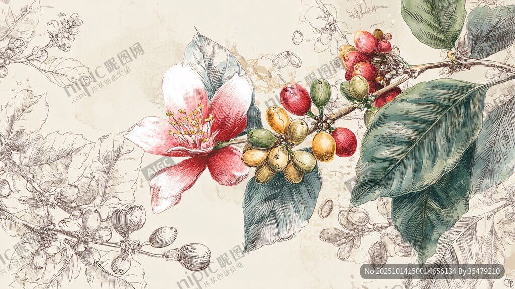 手绘咖啡花与果实插画