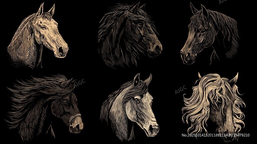 六款骏马头像手绘插画