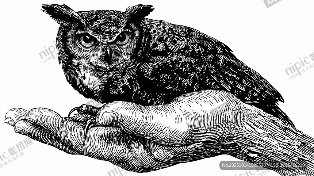 手托猫头鹰的黑白插画