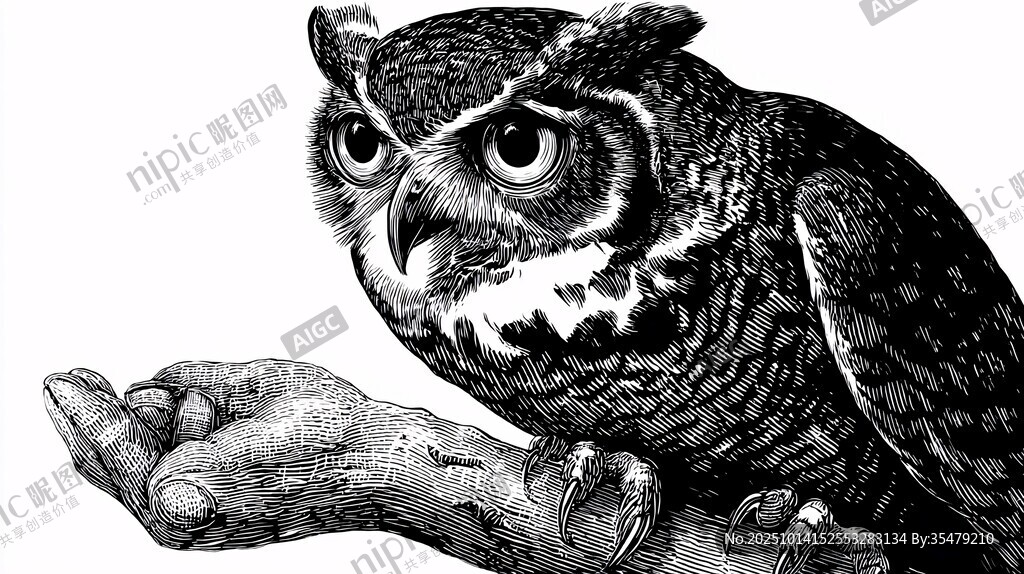 手托猫头鹰的黑白插画