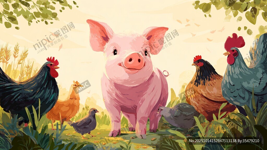 小猪与鸡群的田园生活