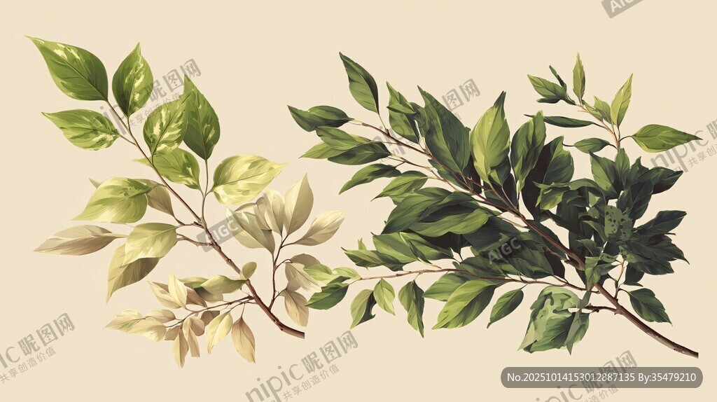 手绘清新植物枝叶插画