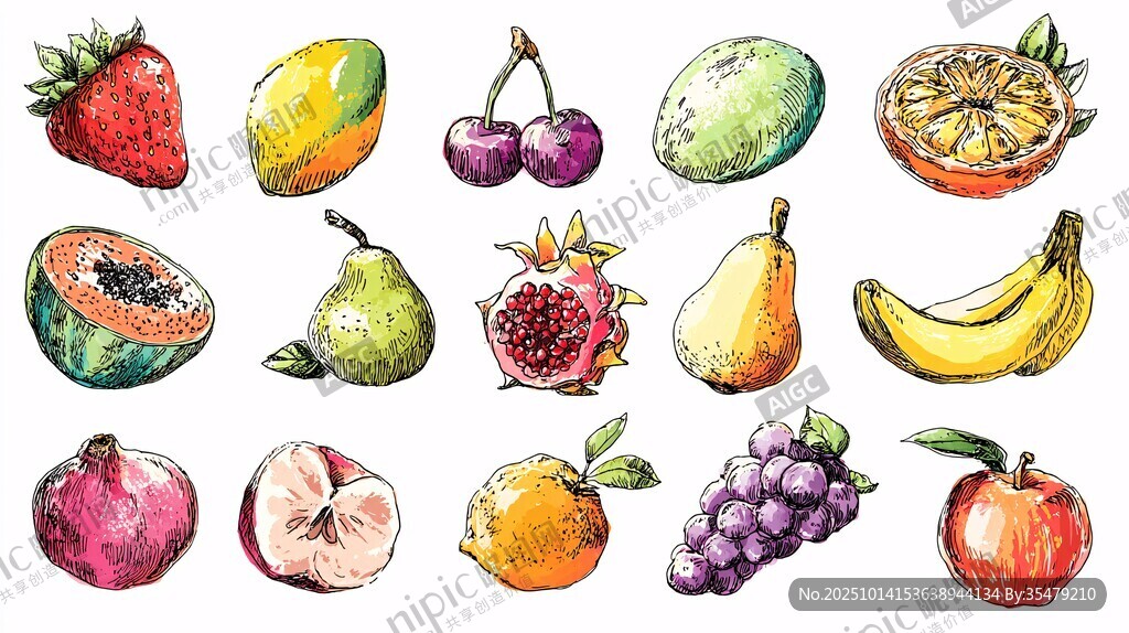 多彩手绘水果集合