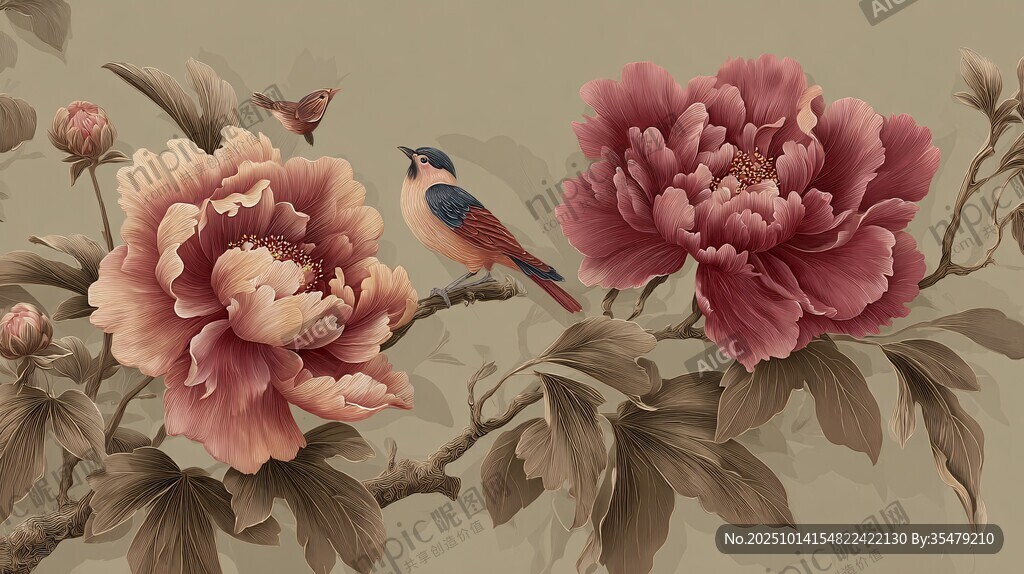 牡丹枝头鸟 中式花鸟画
