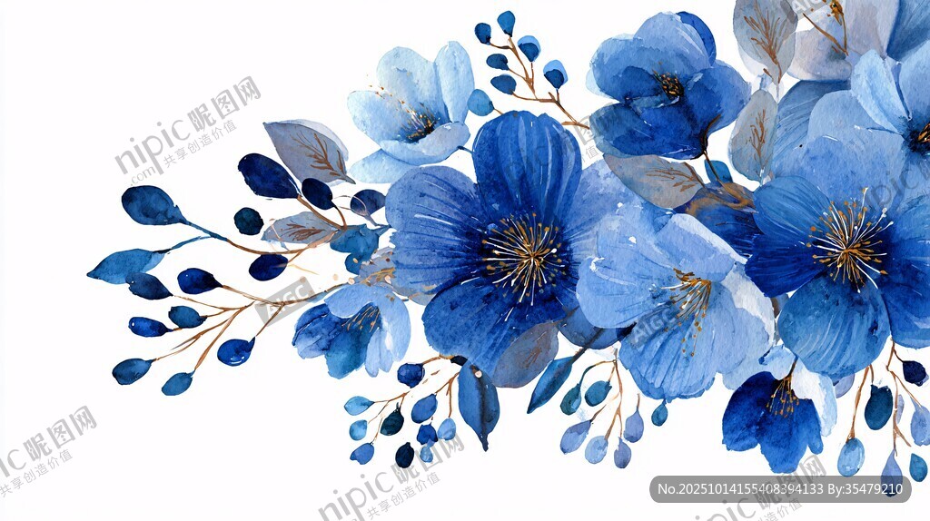 蓝色花卉水彩插画装饰图