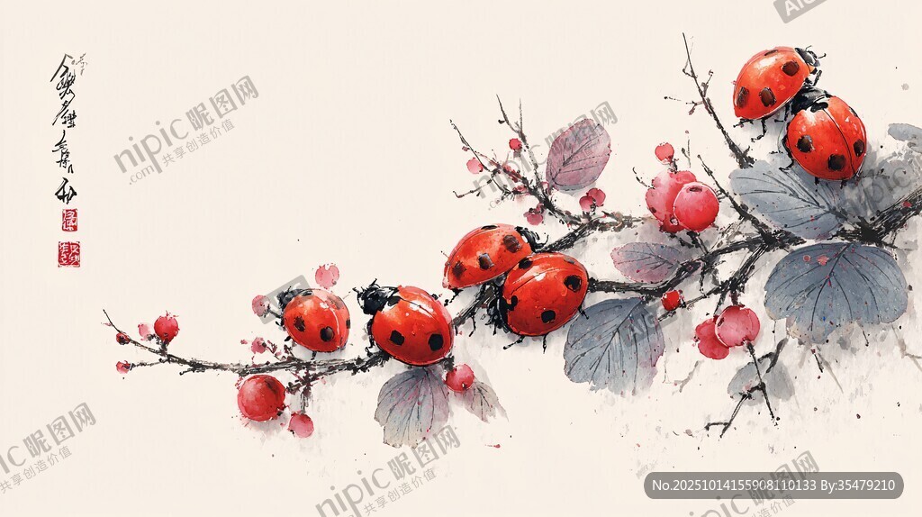 水墨瓢虫栖于繁花枝头