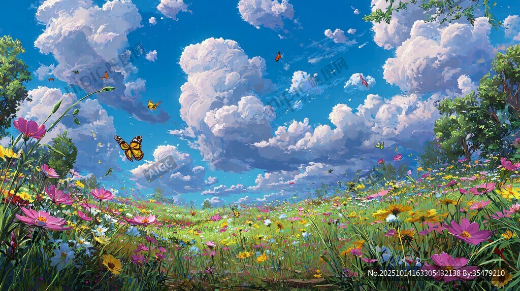 梦幻花海与蓝天白云美景