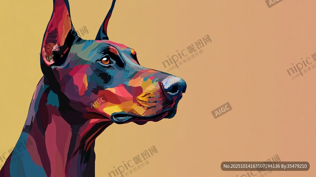 多彩杜宾犬头像插画