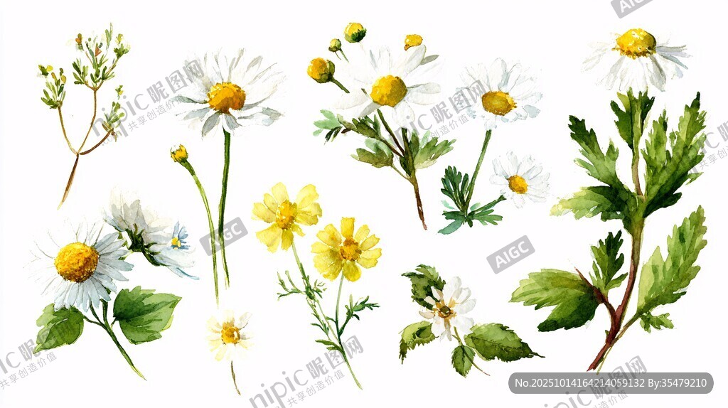 手绘洋甘菊等花卉插画