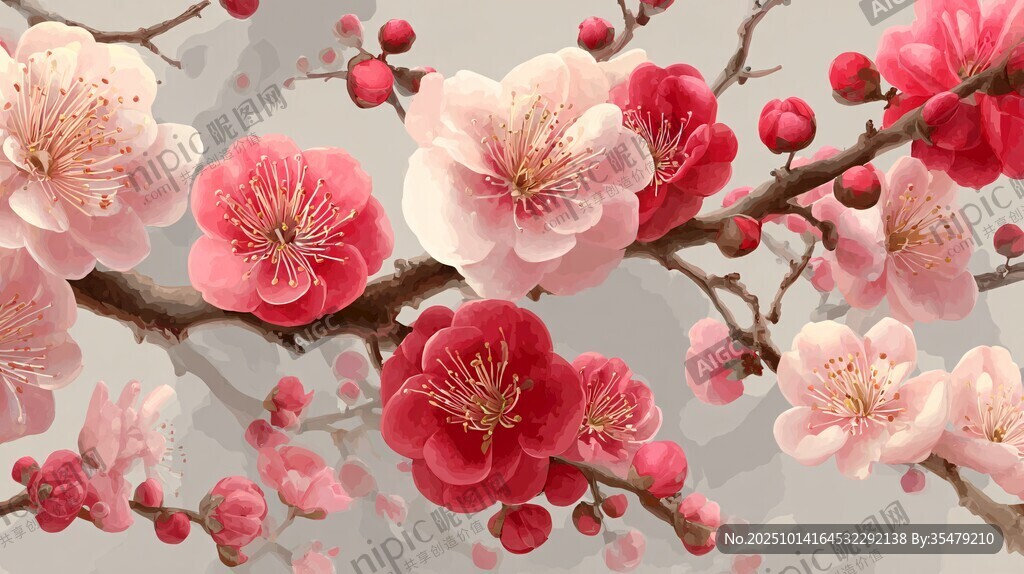 枝头绽放的绚烂粉色花朵
