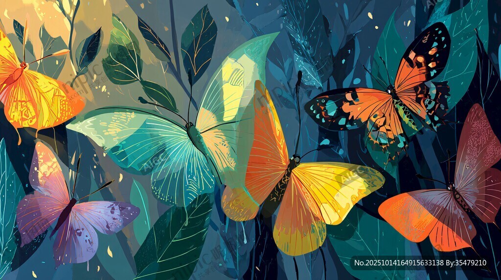 梦幻彩蝶飞舞于叶间