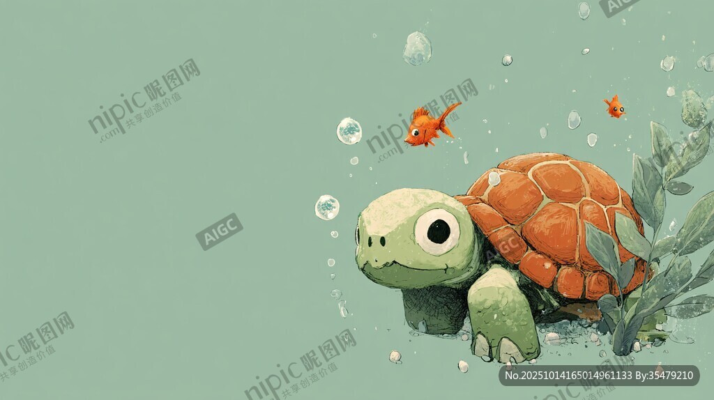 可爱海龟与金鱼的水中世界
