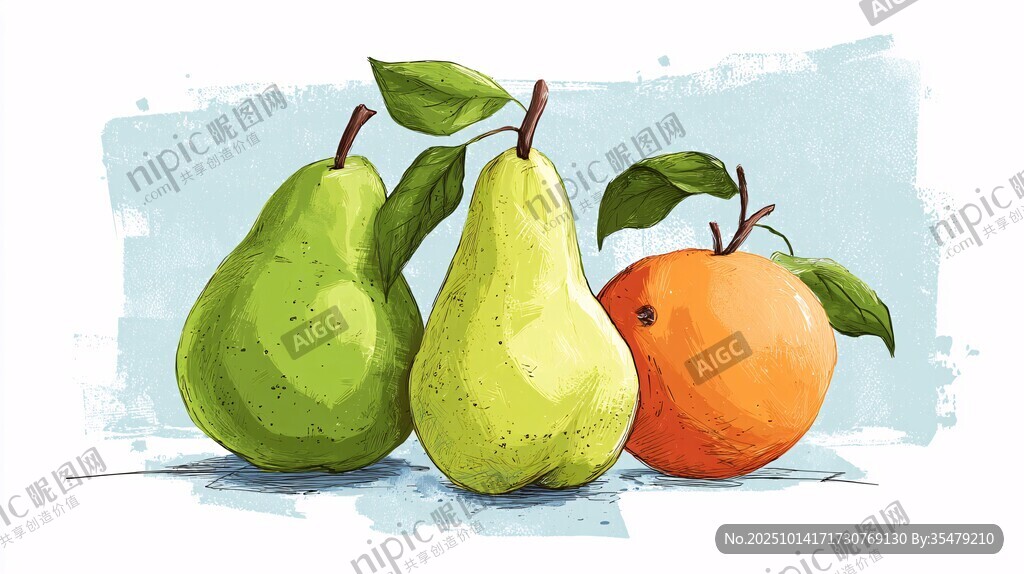 青梨与橙的清新插画