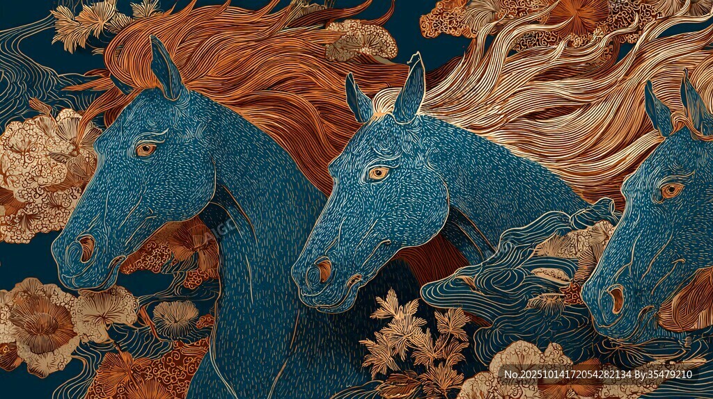 三骏图 奇幻国风马与花卉