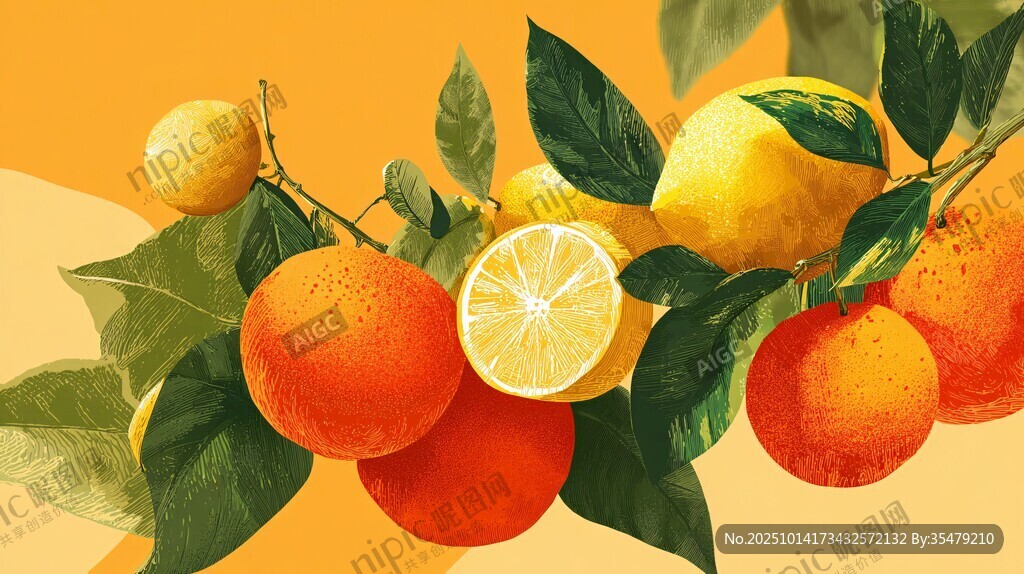 柑橘柠檬插画 清新水果组合