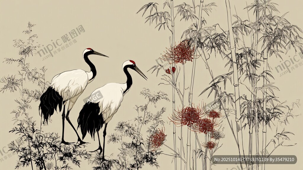 双鹤立竹间图