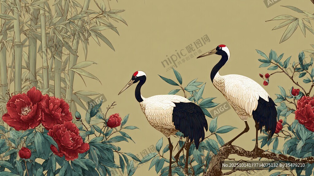 丹顶鹤与牡丹的中式图景
