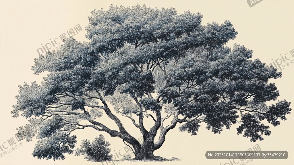 单棵繁茂大树插画
