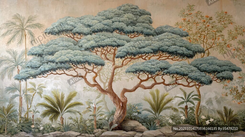 中式松景壁画 自然雅致风