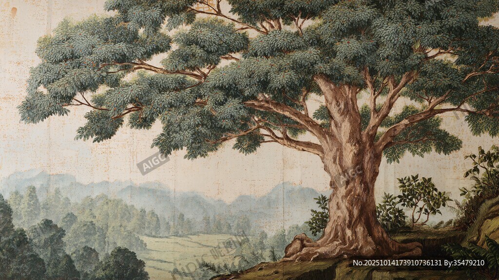 古松屹立于山水间图景