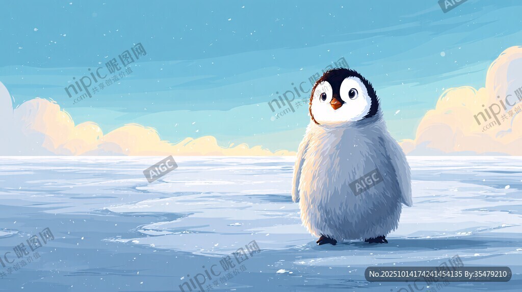 可爱小企鹅立于冰雪世界