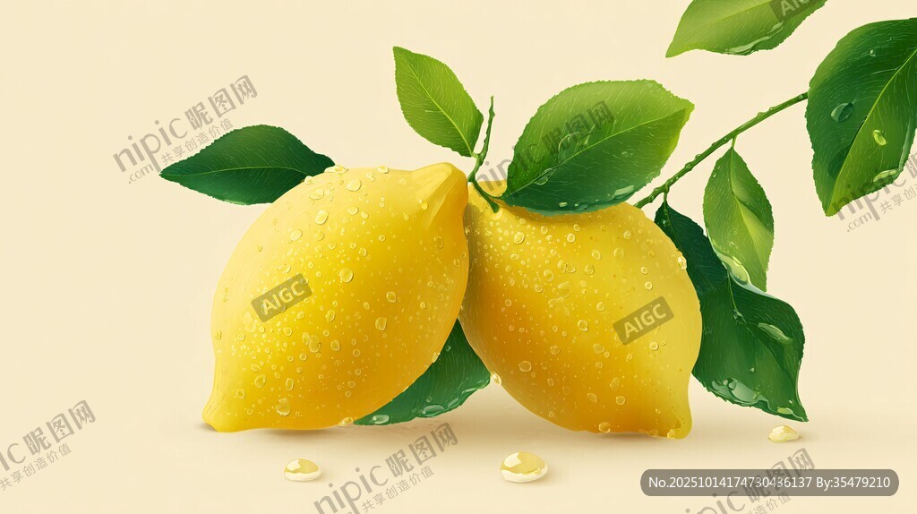 新鲜柠檬带叶插画图