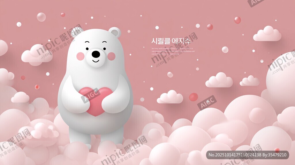 可爱白熊抱心于云朵间