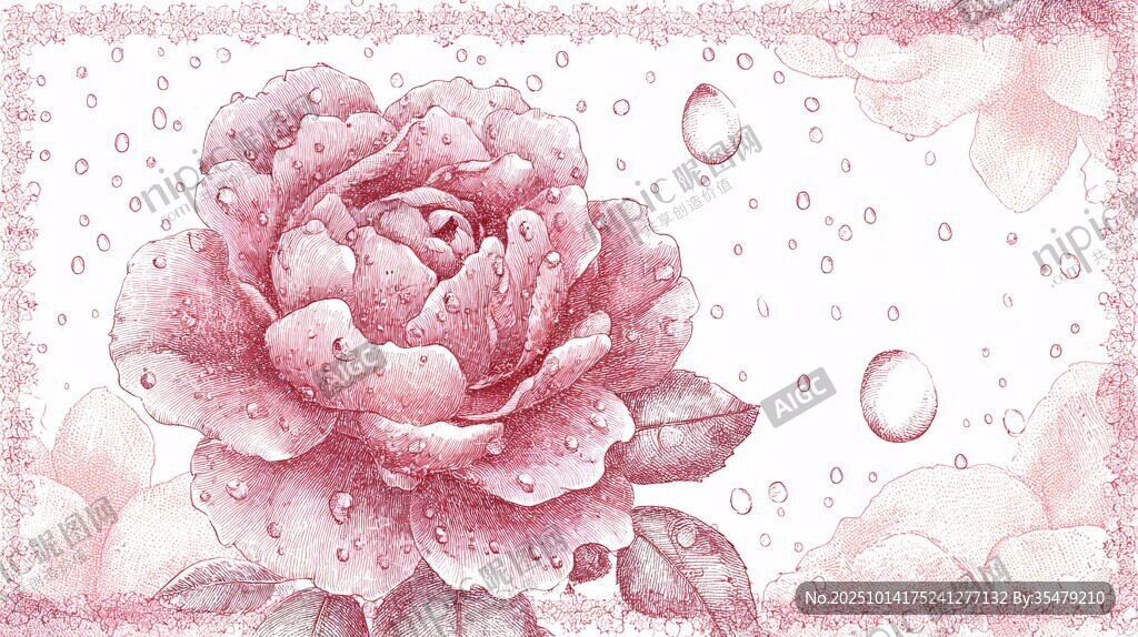粉色带露玫瑰唯美插画