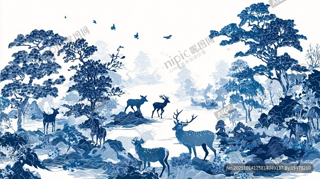 蓝调森林鹿群自然图景