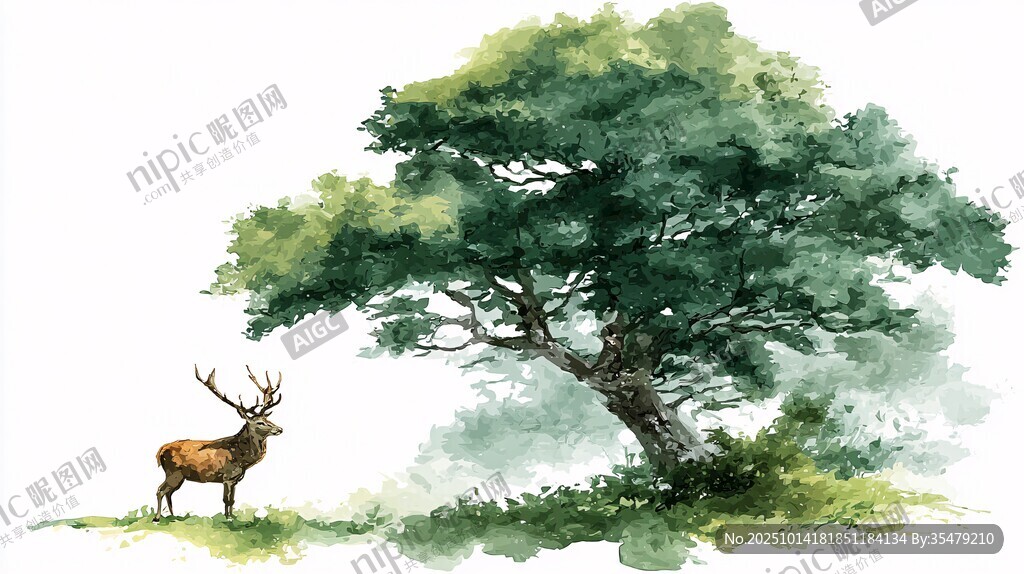 树下雄鹿的自然水彩画