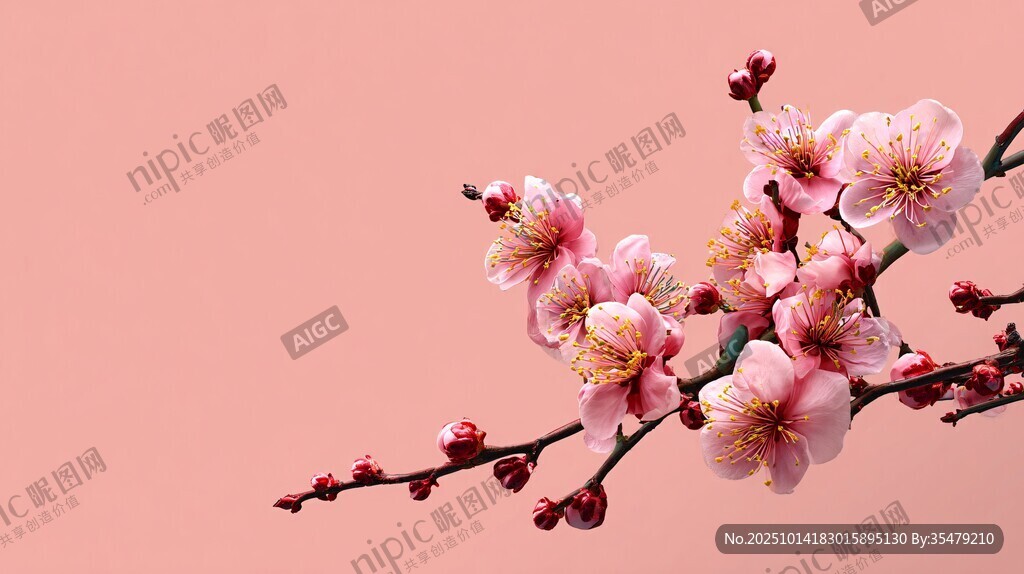 粉梅绽放于柔粉背景中