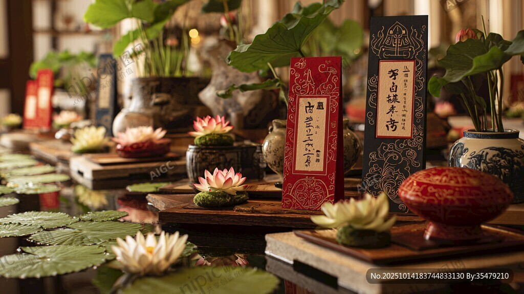 中式雅致茶席与荷花摆件