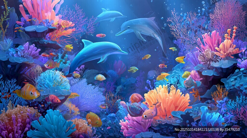 梦幻海底世界的海豚与珊瑚