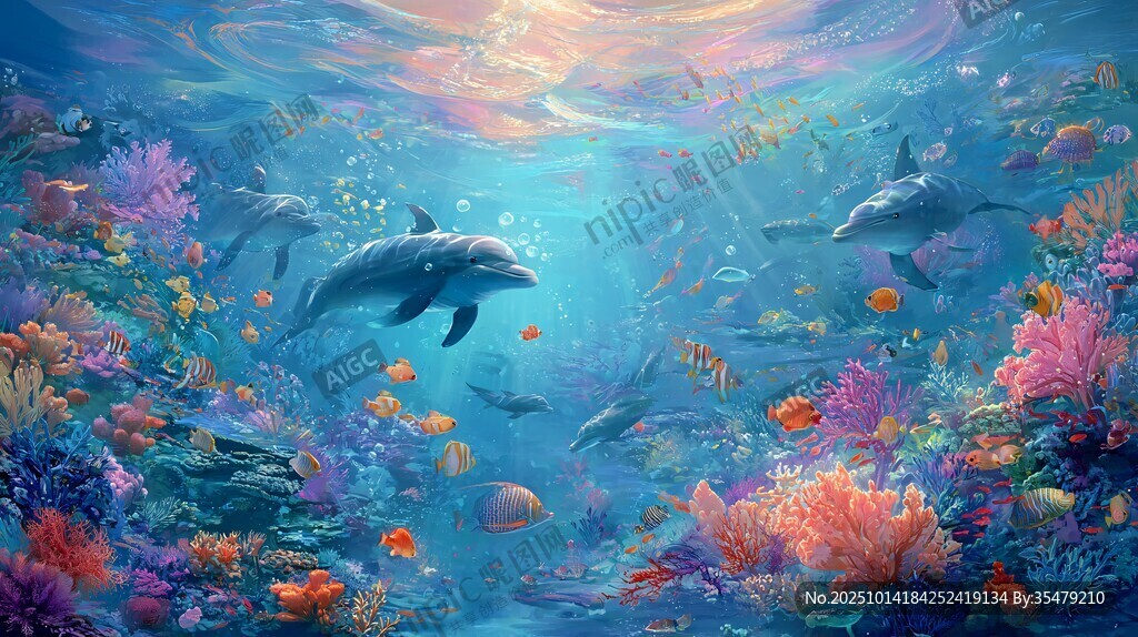梦幻海底世界的海豚与珊瑚