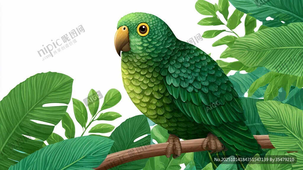 绿鹦鹉栖于繁茂绿叶间