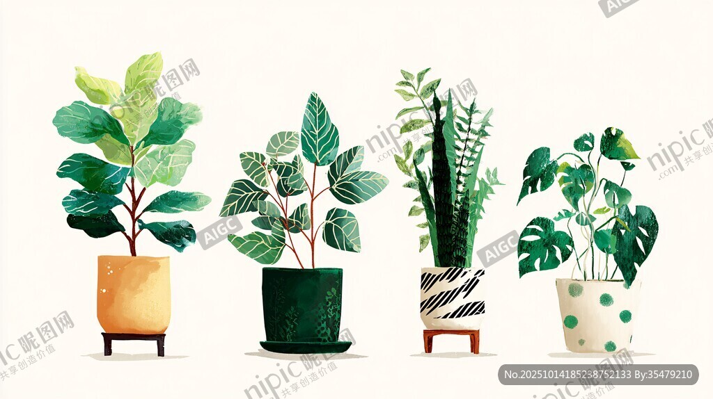 四盆可爱绿植插画展示