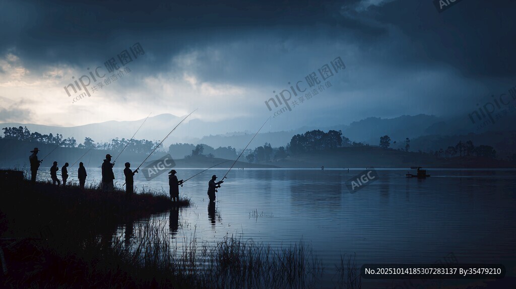 湖畔暮色中众人垂钓之景