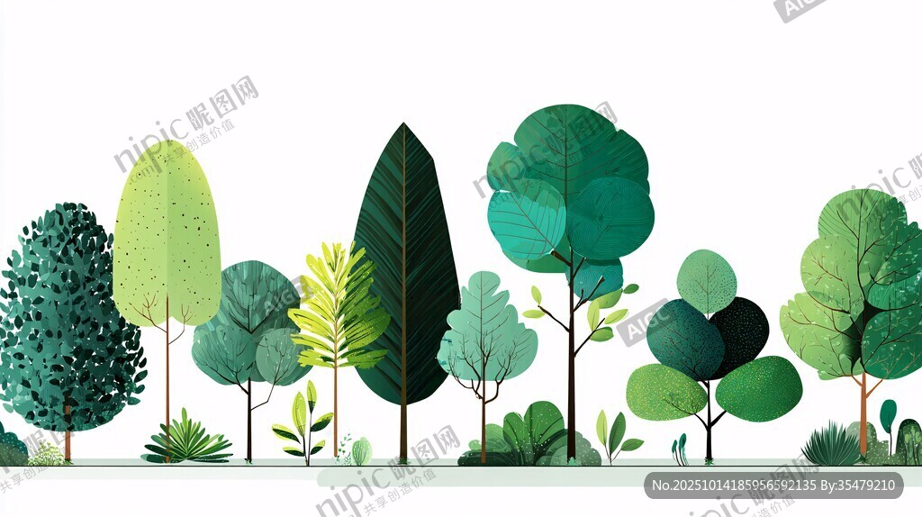 清新多彩树木插画景观