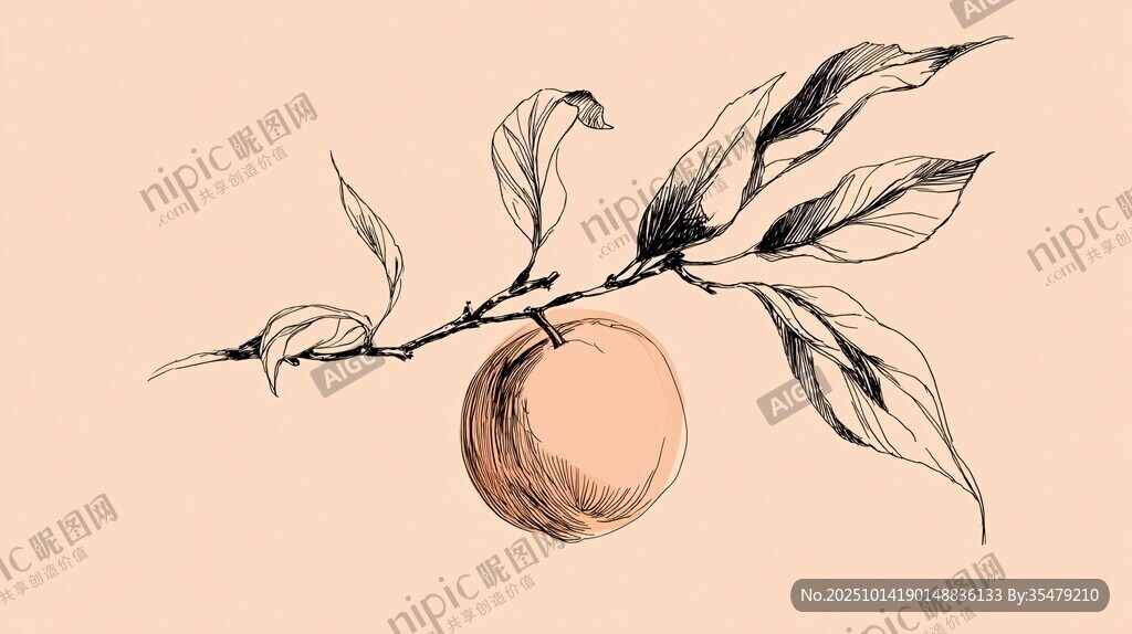 手绘枝头蜜桃与绿叶