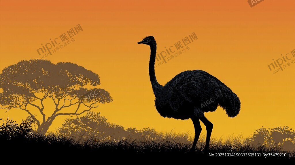 夕阳下的鸵鸟剪影