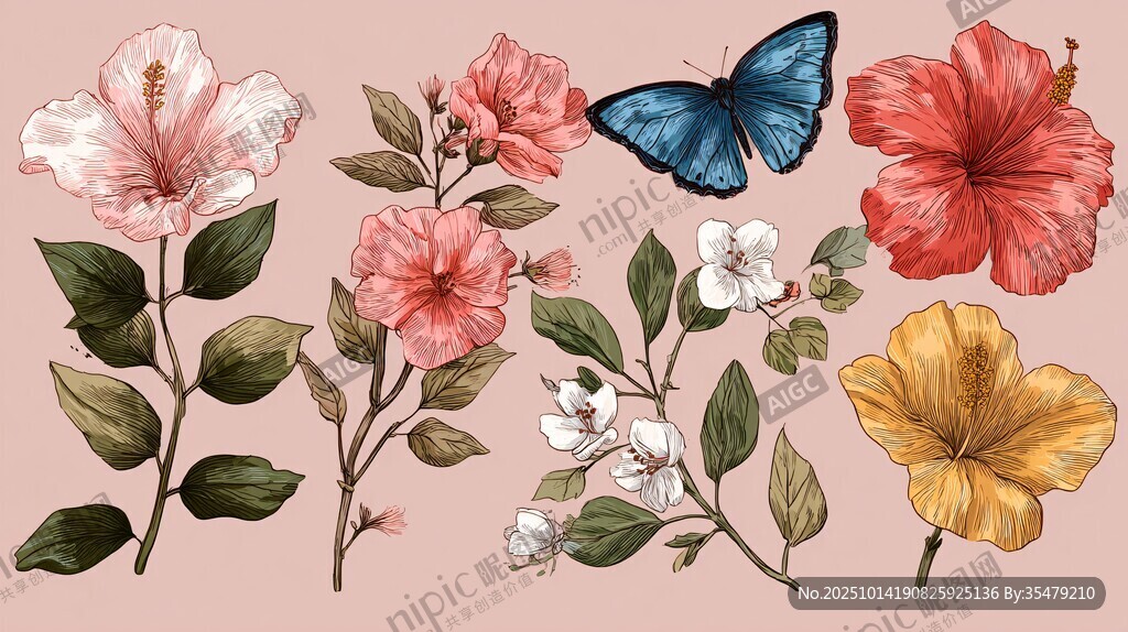 多彩花卉与灵动蝴蝶插画