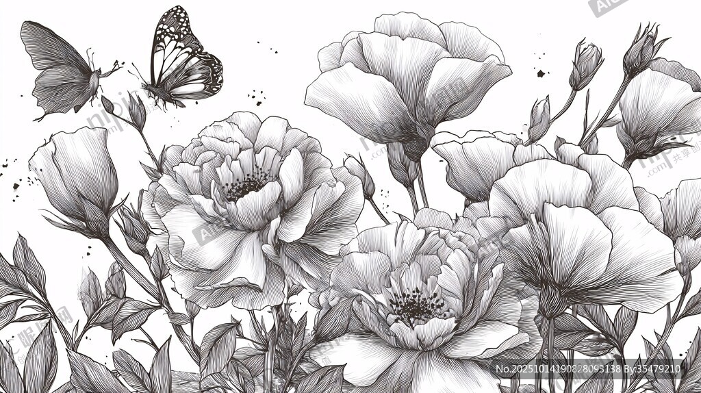黑白花卉与蝴蝶插画