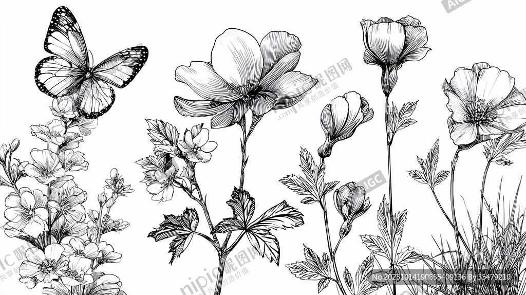 花卉蝴蝶手绘黑白插画