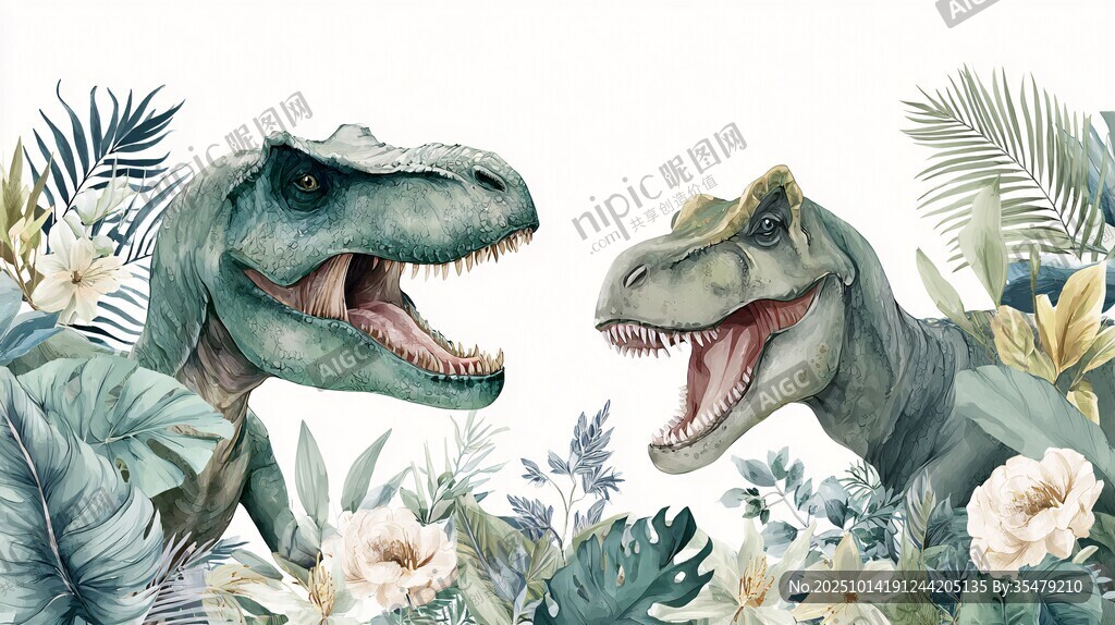 双恐龙与植物梦幻场景
