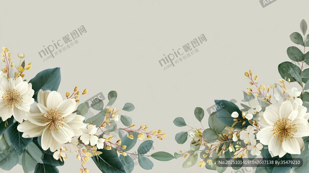 白色花卉绿叶装饰边框