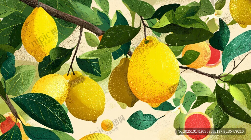 枝头柠檬 清新水果插画
