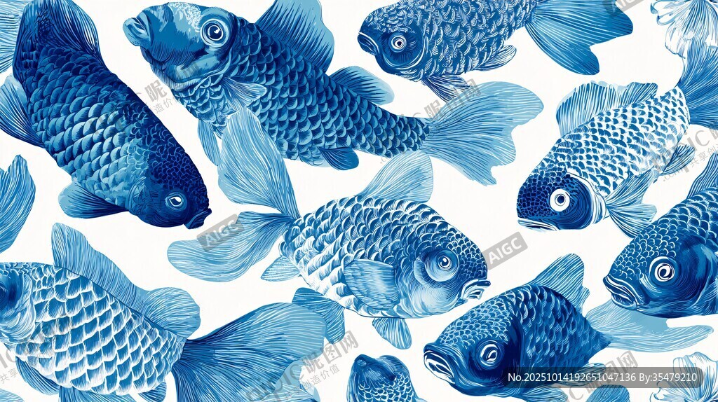 蓝色金鱼图案水彩插画