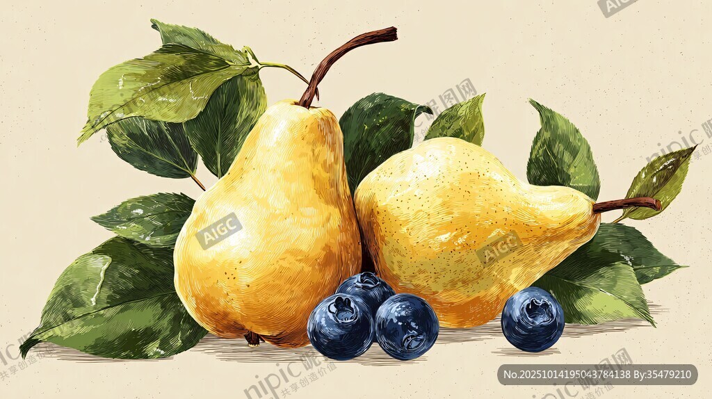 梨与蓝莓的水彩静物画